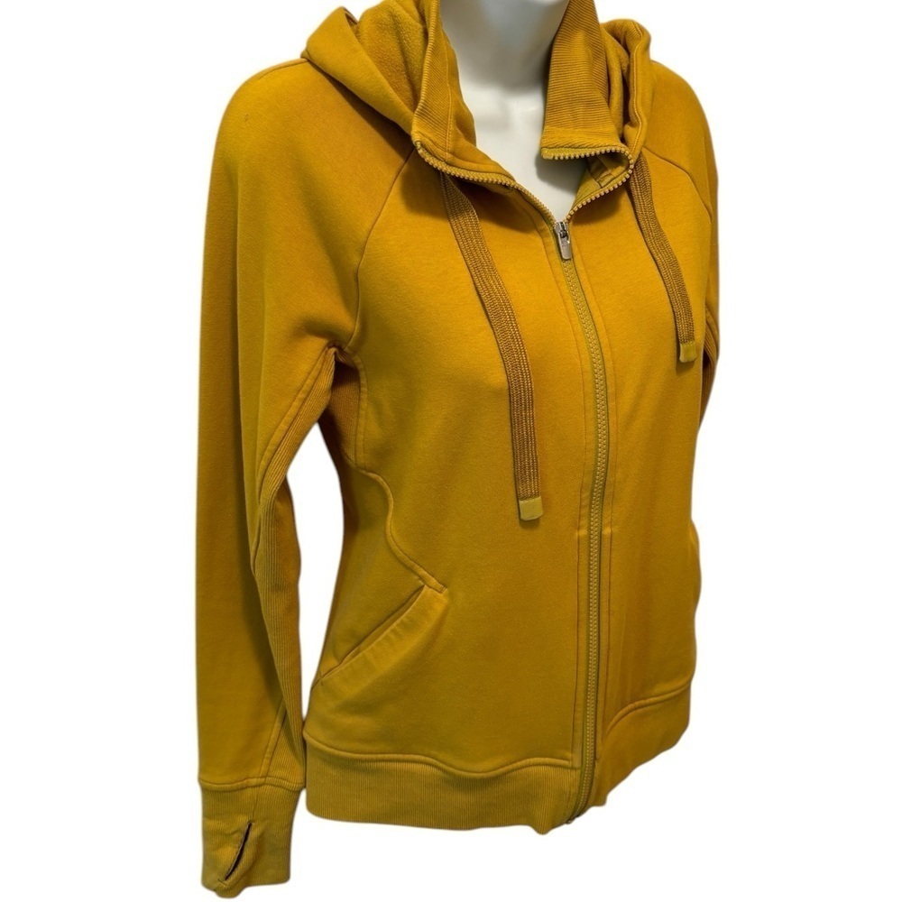 Athleta Triumph Sweatshirt Hoodie Sz S Oxidized Yellow ( Mustard) Thumb Holes - Picture 4 of 7